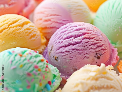 7 Round ice cream scoops in mixed colors, macro shot, soft lighting photo