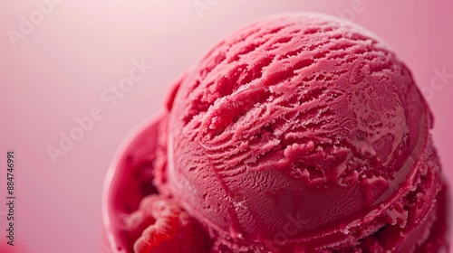 10 Raspberry ice cream scoop, detailed macro, rich red color, light background