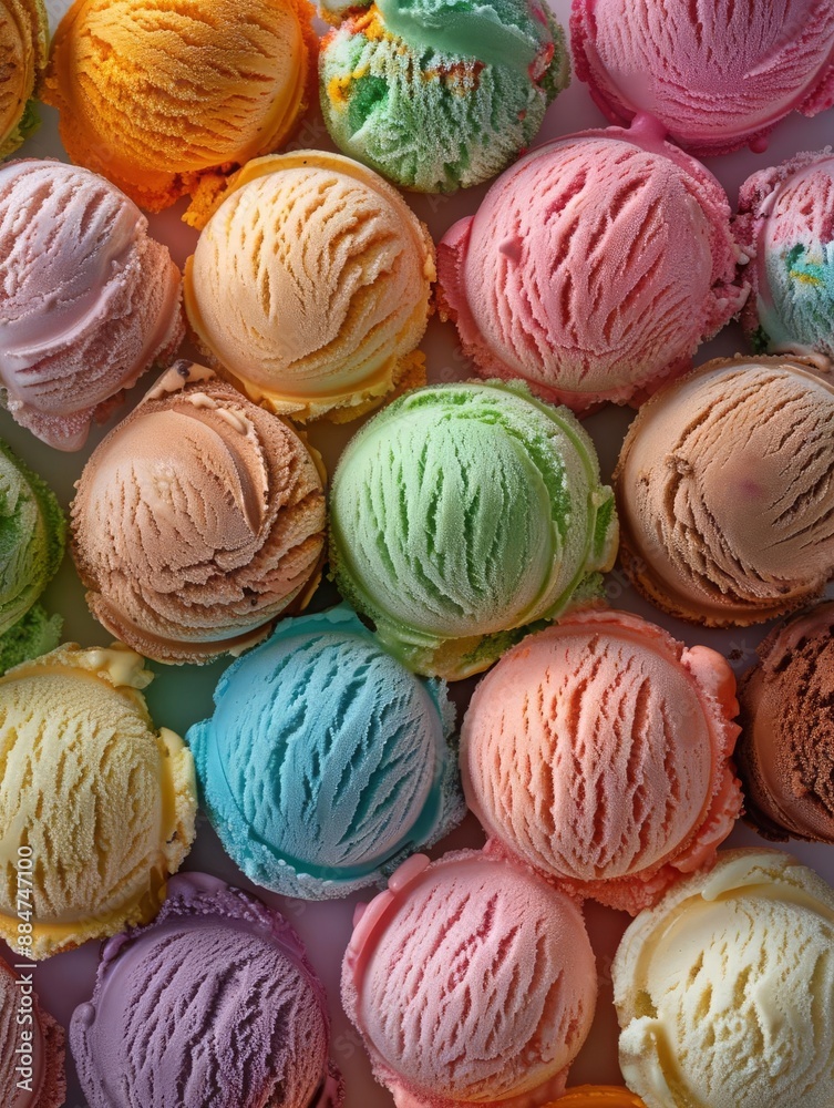 19 Assorted vibrant ice cream scoops, detailed macro, soft focus 19 Assorted vibrant ice cream scoops, detailed macro, soft focus