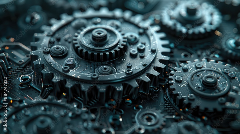 Intricate Metal Gears and Cogs in Machine Close-up for Industry and Technology Concepts Intricate Metal Gears and Cogs in Machine Close-up for Industry and Technology Concepts