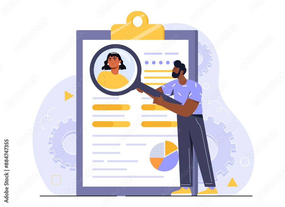 HR manager man. Young guy with magnifying glass analyzes womans profile. HR manager evaluates candidate for vacancy. Headhunting and recruiting. Flat vector illustration isolated on white background HR manager man. Young guy with magnifying glass analyzes womans profile. HR manager evaluates candidate for vacancy. Headhunting and recruiting. Flat vector illustration isolated on white background
