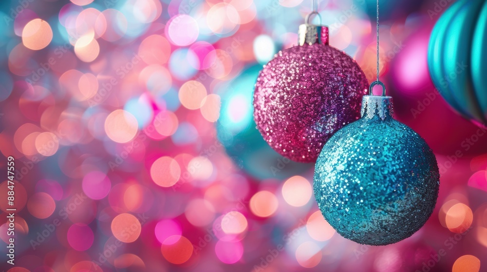 Fototapeta premium Festive and glittery Christmas baubles hanging, with a colorful bokeh background, creating a joyful holiday atmosphere.