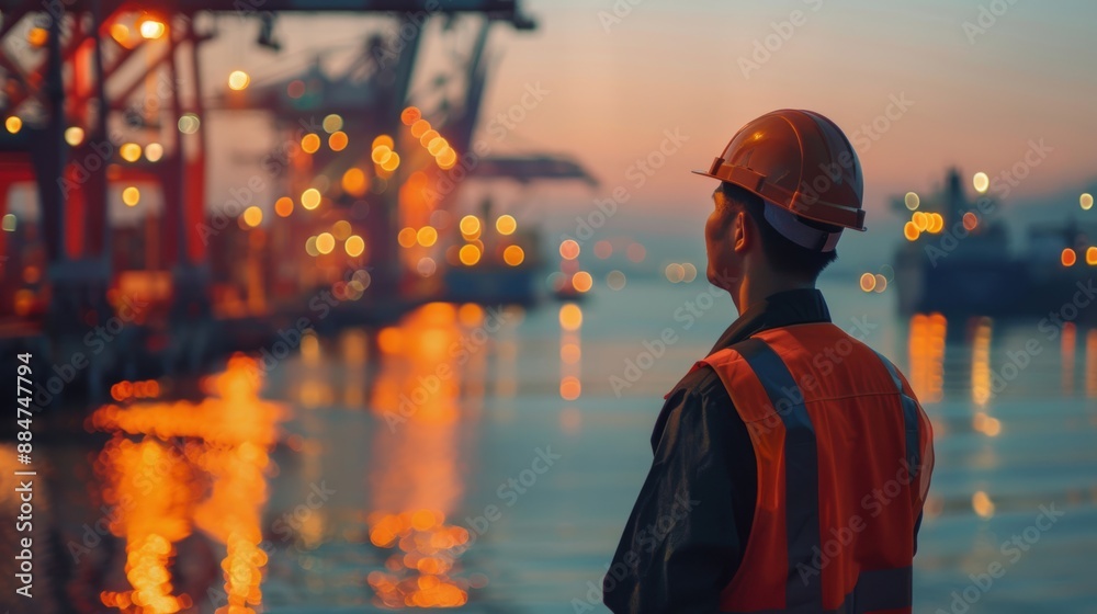 Worker in safety gear observing port at sunset, with industrial cranes and shimmering water reflections in the background. Worker in safety gear observing port at sunset, with industrial cranes and shimmering water reflections in the background.