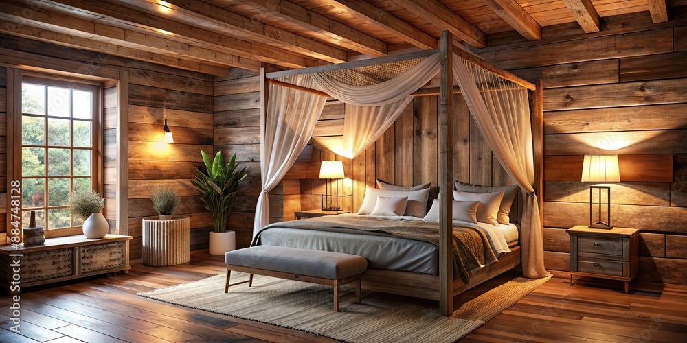 Cozy rustic bedroom with wooden walls, canopy bed, and warm lighting, rustic, bedroom, cozy, wooden walls Cozy rustic bedroom with wooden walls, canopy bed, and warm lighting, rustic, bedroom, cozy, wooden walls