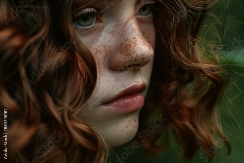Detailed closeup of a young woman's face with striking green eyes, freckles, and lush curly red hair