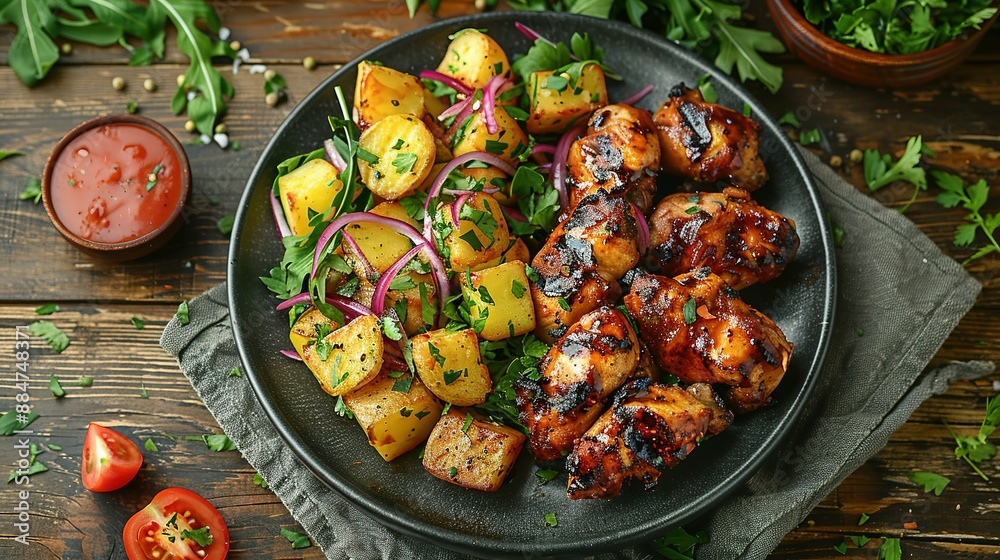 Delicious BBQ Chicken and Potato Salad Top-Down Perspective Delicious BBQ Chicken and Potato Salad Top-Down Perspective
