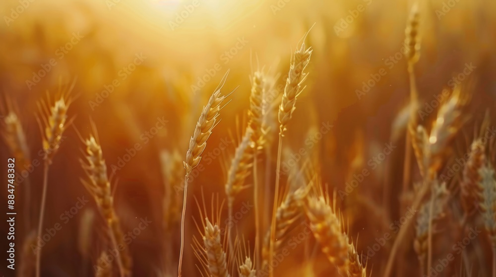 Golden wheat field bathed in the warm glow of sunset, capturing the essence of agriculture and natural beauty. Golden wheat field bathed in the warm glow of sunset, capturing the essence of agriculture and natural beauty.