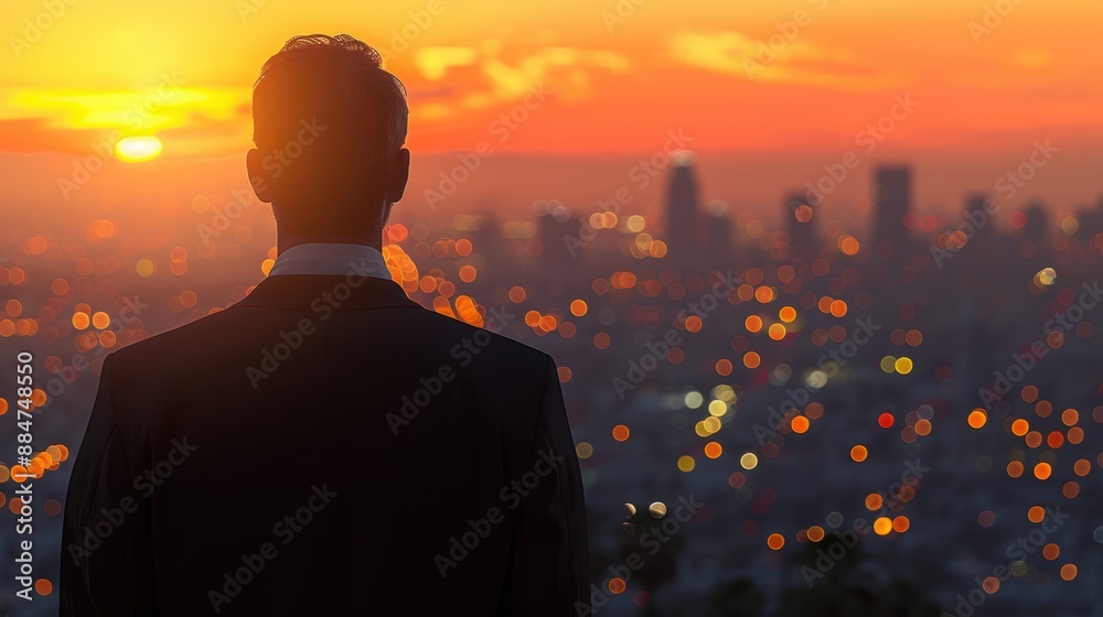 A businessman in a suit overlooks a cityscape at sunset, with vibrant bokeh lights in the background, representing ambition and reflection. A businessman in a suit overlooks a cityscape at sunset, with vibrant bokeh lights in the background, representing ambition and reflection.