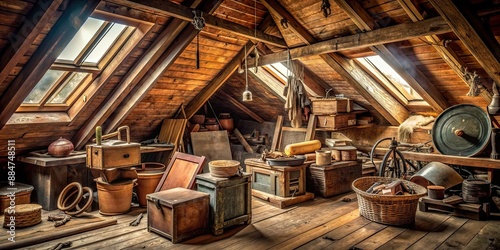 A collection of old, worn-out objects hidden away in an abandoned attic , forgotten, treasures, vintage, antique, dusty, nostalgia