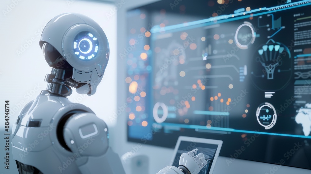 Fototapeta premium Modern Corporate Office Utilizing AI for Market Research and Business Trends Analysis