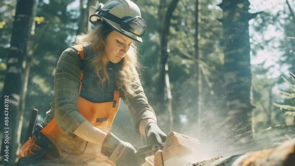 A young woman wearing safety gear, including a helmet and gloves, operates a chainsaw to cut a tree in a forest during daylight. She is focused, surrounded by trees, and dressed in an orange vest.