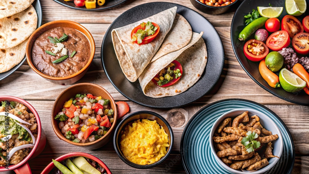Mexican fiesta with an assortment of tacos, burritos, quesadillas, chili, fajitas, and tortillas on the table, Mexican, fiesta Mexican fiesta with an assortment of tacos, burritos, quesadillas, chili, fajitas, and tortillas on the table, Mexican, fiesta