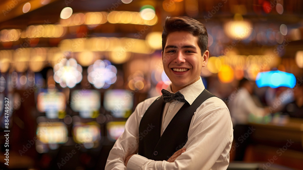 Jubilant Hispanic Casino Host or greeter welcomes the casino player on coming , las vegas, miami, casino concept. Modern Entertainment Industry Jubilant Hispanic Casino Host or greeter welcomes the casino player on coming , las vegas, miami, casino concept. Modern Entertainment Industry