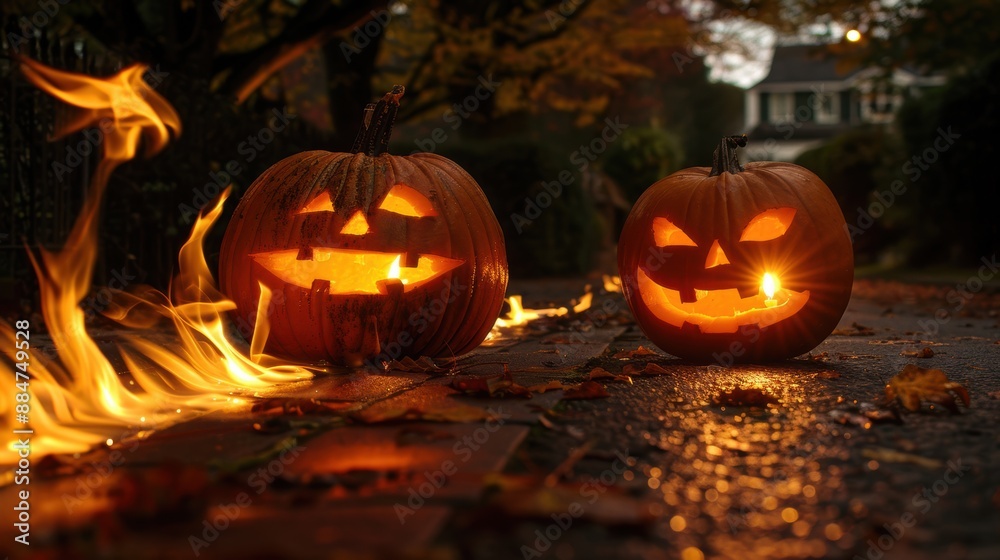 Two Halloween jack-o'-lanterns with glowing faces, surrounded by flames, creating a spooky atmosphere in the dark. Two Halloween jack-o'-lanterns with glowing faces, surrounded by flames, creating a spooky atmosphere in the dark.