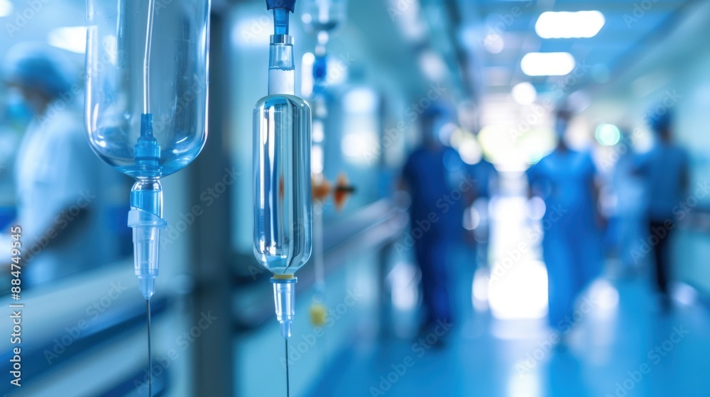 Close-up of a hospital IV drip in a brightly lit corridor with medical staff in the background, emphasizing healthcare and treatment. Close-up of a hospital IV drip in a brightly lit corridor with medical staff in the background, emphasizing healthcare and treatment.