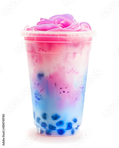 Neon Dream Bubble Tea in Gradient Pink and Blue with Glowing Tapioca Pearls in Transparent Plastic Cup