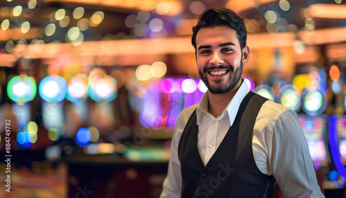 Jubilant Hispanic Casino Host or greeter welcomes the casino player on coming , las vegas, miami, casino concept. Modern Entertainment Industry