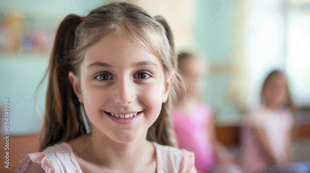 A young girl with ponytails smiling brightly in a classroom, with friends in the background, showing a cheerful school environment. A young girl with ponytails smiling brightly in a classroom, with friends in the background, showing a cheerful school environment.