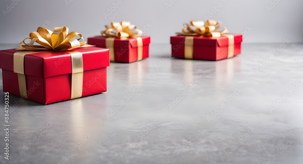 Obraz premium Red Christmas gift boxes with gold bow on light gray blurred holiday background, store sale design, giveaway design, online store gifts banner.