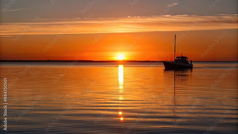 Sunset over calm water with a silhouette of a boat in the distance, sunset, water, reflection, sky, dusk, horizon, peaceful Sunset over calm water with a silhouette of a boat in the distance, sunset, water, reflection, sky, dusk, horizon, peaceful