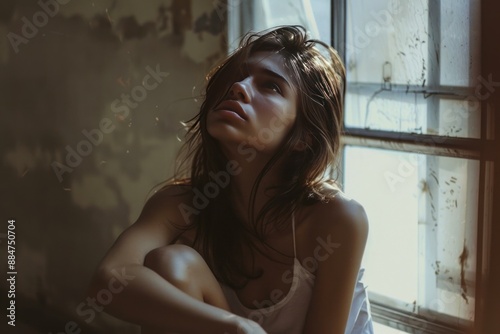 Pensive female with a thoughtful expression in a dimly lit room looking out of a window