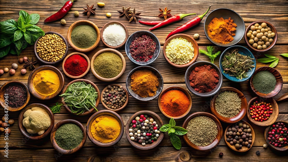 Various colorful spices and herbs displayed in small bowls on a wooden table, spices, herbs, bowls, variety, colorful Various colorful spices and herbs displayed in small bowls on a wooden table, spices, herbs, bowls, variety, colorful