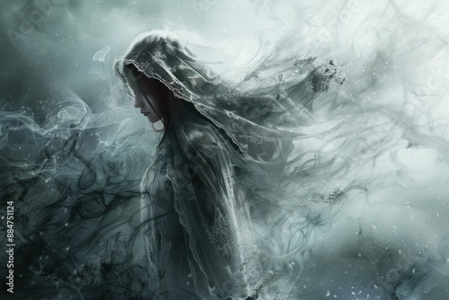 Artistic depiction of a shadowy figure shrouded in a ghostly mist, evoking intrigue and fantasy