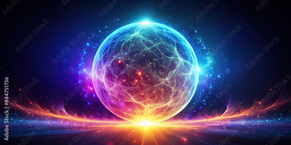 Neon energy sphere emitting magical glowing particles and waves, Neon, energy, sphere, glowing, particles, waves
