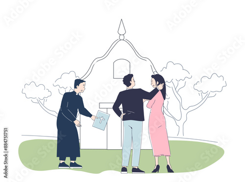 Meeting catholic priest. Priest talks to young couple near church. Religion and faith. Wedding and marriage ceremony. Prayer and sermon. Linear vector illustration isolated on white background