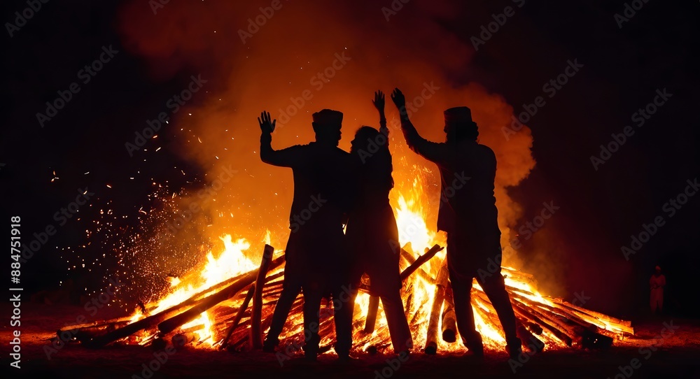 Obraz premium Silhouette of lohri festival bonfire.