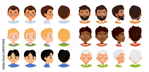 Set of men heads. Images for users avatar in social networks. Communication online. Different young guys profiles in messengers. Flat vector collection isolated on white background