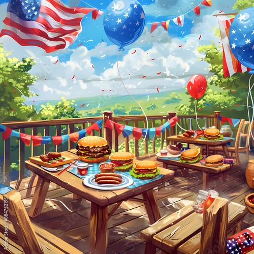 Vibrant illustration of a classic American 4th of July BBQ with patriotic decorations and delicious food.