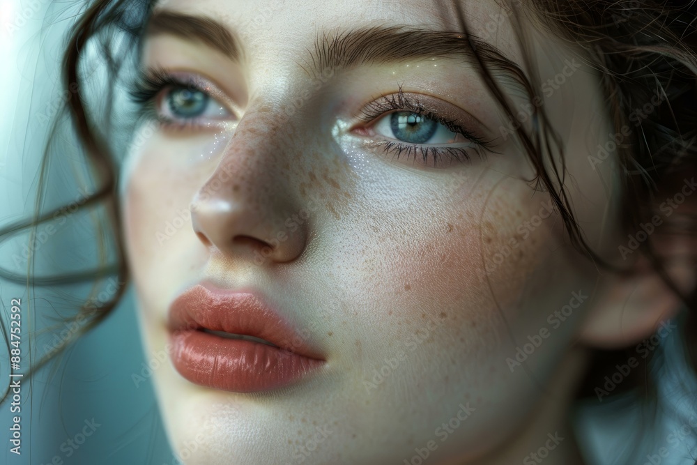Fototapeta premium Highresolution image capturing the details of a woman's freckled face and striking blue eyes