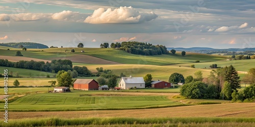 Peaceful countryside landscape with fields, barns, and rolling hills, rural, farm, tranquil, scenic, nature, agriculture