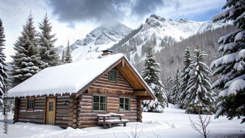 Cozy log cabin nestled in a snowy wilderness setting, snow, winter, cabin, house, log, cozy, wilderness, woods, tranquil