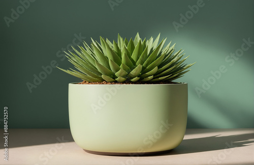 beautiful pot of plant in front of pastel green background sunny lighting photo