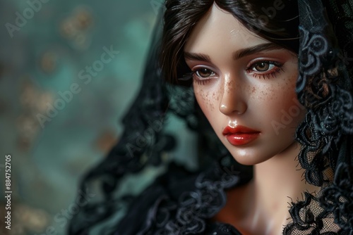 Closeup portrait of a woman with an alluring gaze, donning a delicate lace veil