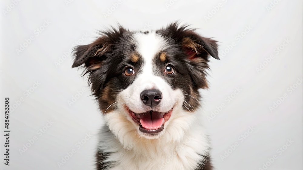 Fluffy border collie puppy staring with a big grin at the camera on a white background, border collie, dog, puppy, fluffy Fluffy border collie puppy staring with a big grin at the camera on a white background, border collie, dog, puppy, fluffy
