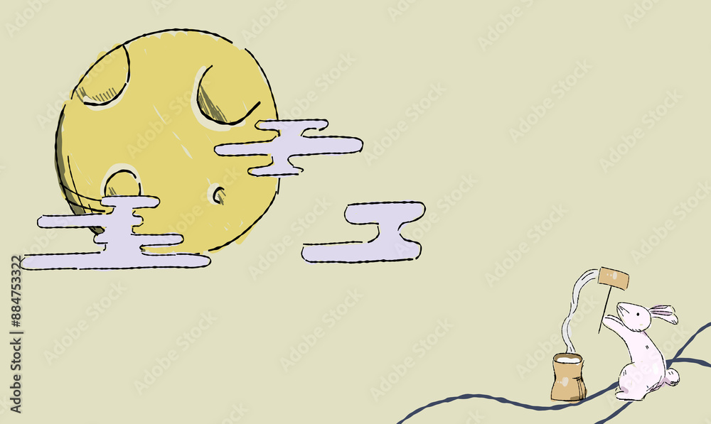 Fototapeta premium ベージュのお月見の背景イラスト、餅を搗くうさぎとともに。ペン画風の手描きタッチ。模様付き。