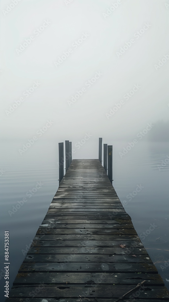 Fototapeta premium A meditative landscape of a mountain lake viewed from a small boat dock with fog in early spring or autumn. Perfect for screensavers or interior design.