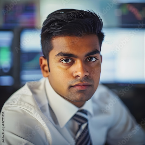 Portrait of a South Asian financial securities trader working on his desktop computer in a modern office, exuding confidence and sophistication.