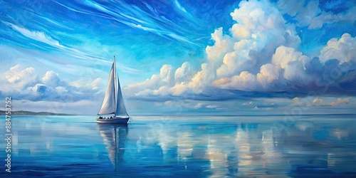 Fototapeta Naklejka Na Ścianę i Meble -  Impressionistic sailboat painting featuring shades of blue in a calm ocean and sky, sailboat, painting, impressionistic, blue, ocean