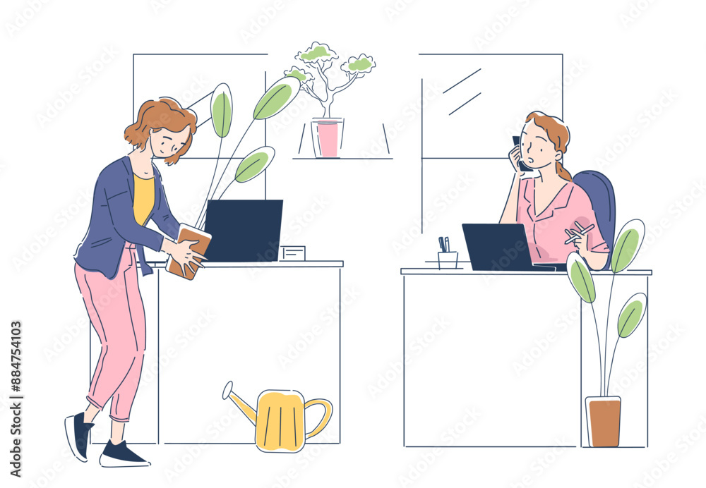 Office leisure concept. Woman manager with flower pot in hands. Comfort and coziness at workplace. Young girl procrastinate at work. Linear vector illustration isolated on white background Office leisure concept. Woman manager with flower pot in hands. Comfort and coziness at workplace. Young girl procrastinate at work. Linear vector illustration isolated on white background