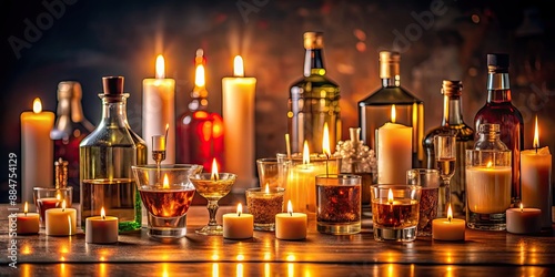 Burning candles illuminating a glass surrounded by various alcoholic drinks and empty bottles, candles, illumination