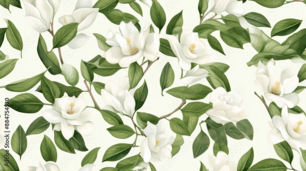 This pattern of white Gardenia flowers with beautiful green leaves exudes purity and peace, making for a backdrop full of warmth and serenity.