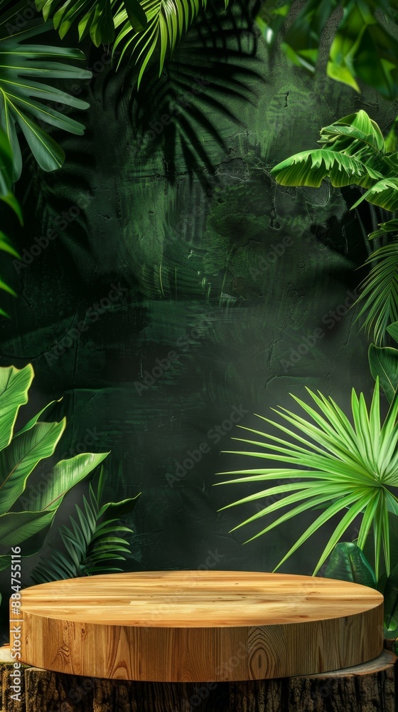 Obraz premium Abstract Computer Wallpaper Featuring a Wooden Podium in a Tropical Forest for Product Display with a Green Background. AI-Generated Image for Skincare and Beauty Product Marketing, Seasonal Promotion