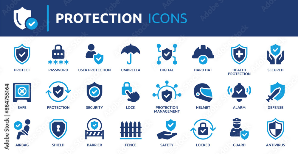 Protection icon set. Containing safe, shield, lock, security, alarm, umbrella, guard, fence and more. Solid vector icons collection. 