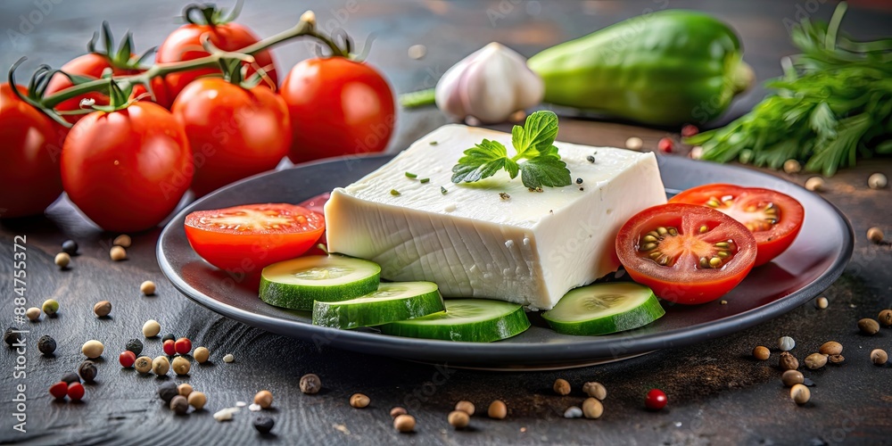 Fresh feta cheese with ripe tomato and crisp cucumber, Greek, Mediterranean, salad, healthy, vegetarian, ingredients Fresh feta cheese with ripe tomato and crisp cucumber, Greek, Mediterranean, salad, healthy, vegetarian, ingredients