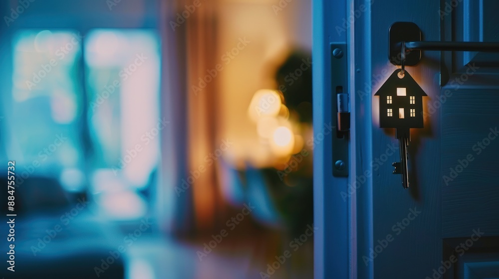 House key, house-shaped key chain on the door key House key, house-shaped key chain on the door key