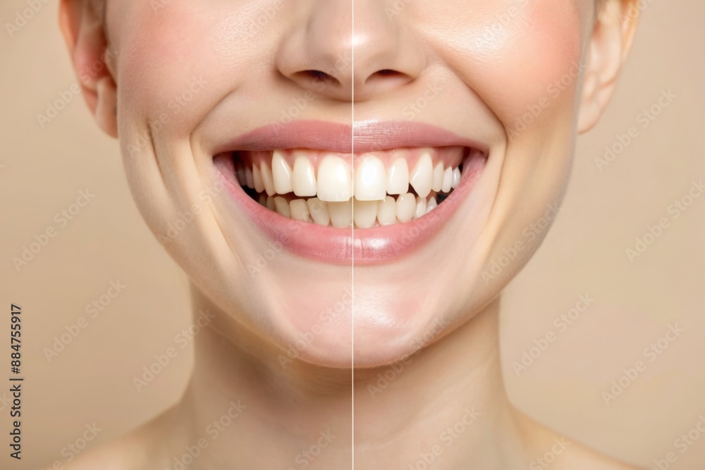 Woman showing perfect smile. Teeth whitening, dental care concept